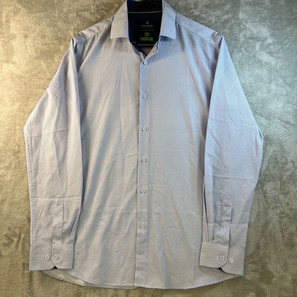 Tom‎ Baine Performance Slim Fit Dress Shirt Mens Medium Blue Geometric Stretch